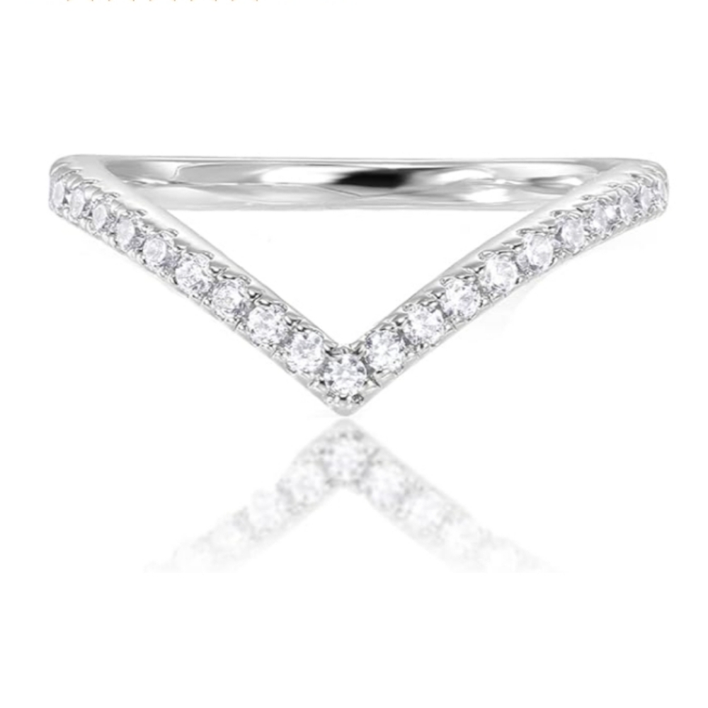 14K Gold Plated Sparkling 'V' Ring Cubic Zirconia Ring In White Gold